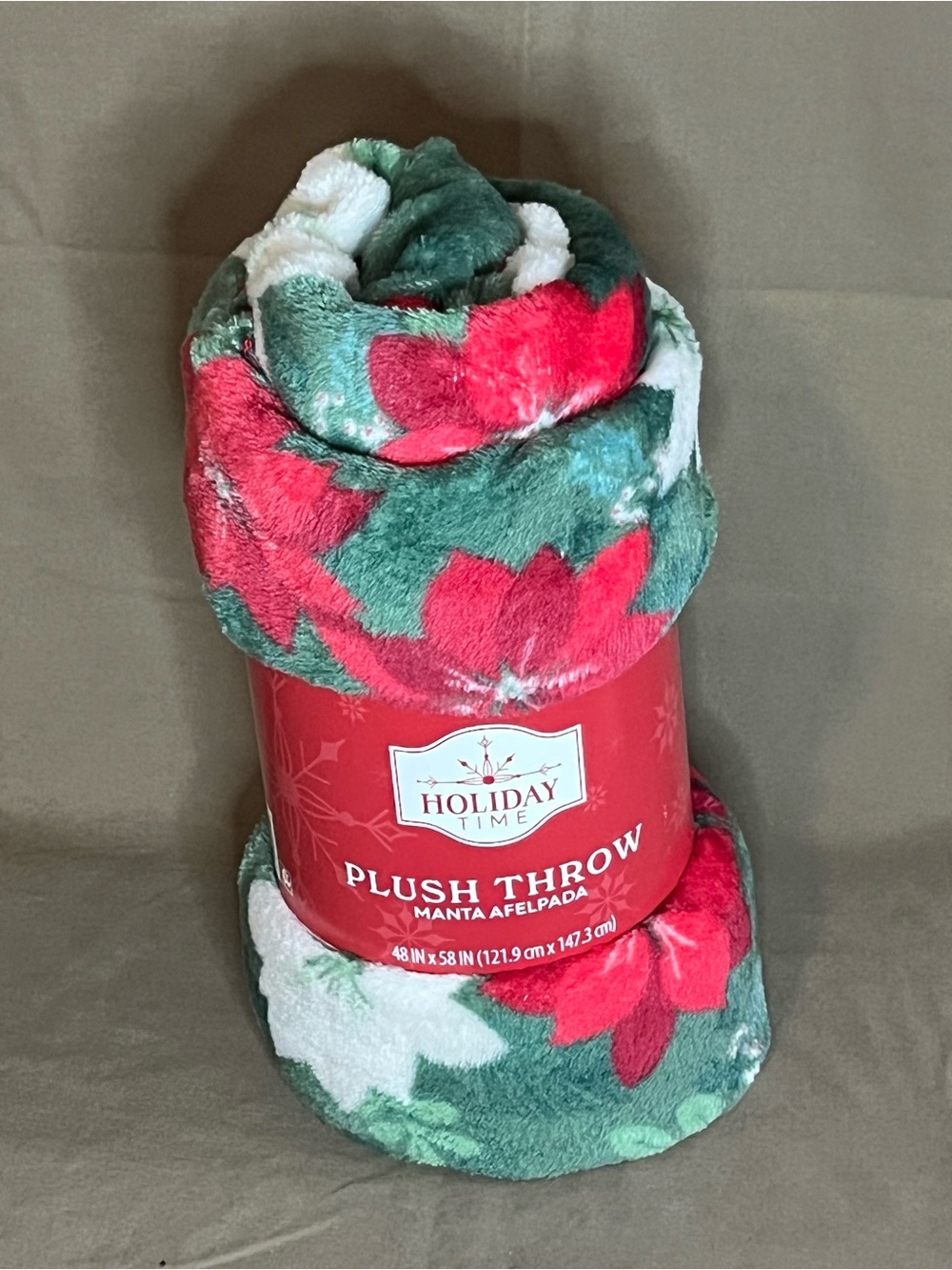 Holiday Time Red, Green and White Poinsettia Plush Holiday Throw